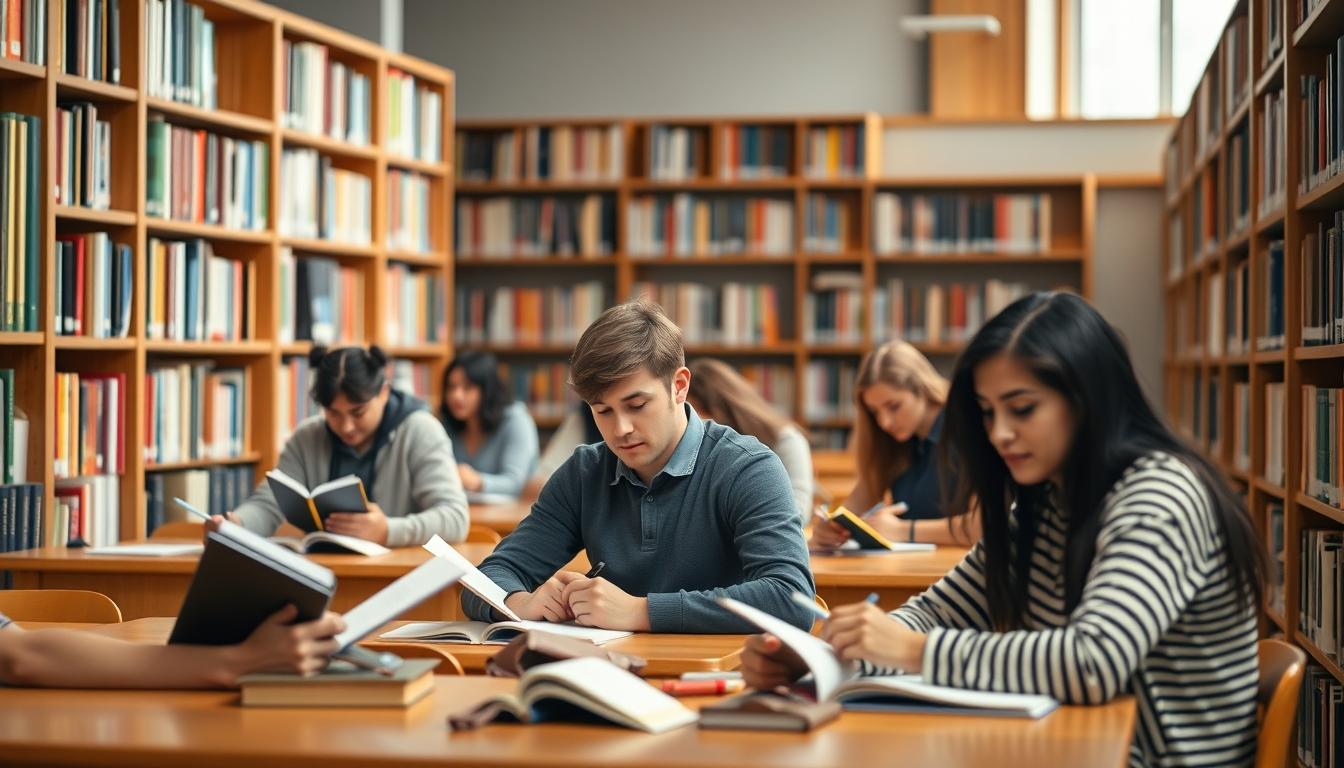 Students studying together in modern classroom